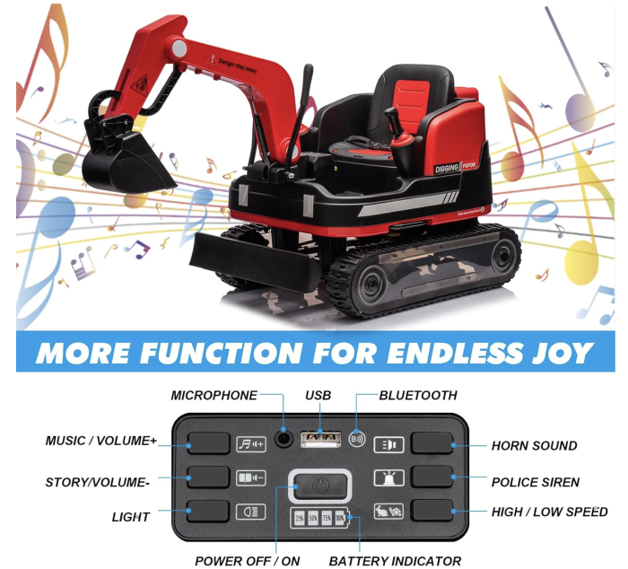 Buldo-Excavator electric DLS-X7 rosu, 12V 12AH, telecomanda si bluetooth [6]