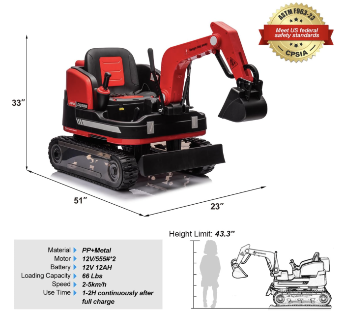 Buldo-Excavator electric DLS-X7 rosu, 12V 12AH, telecomanda si bluetooth [7]