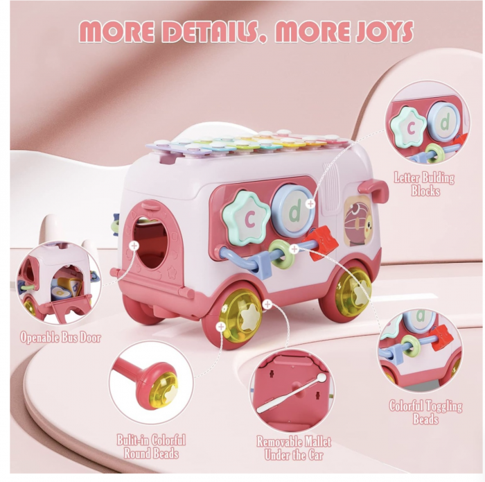 Autobuz interactiv cu xilofon, sortator si jucarii detasabile, roz [4]