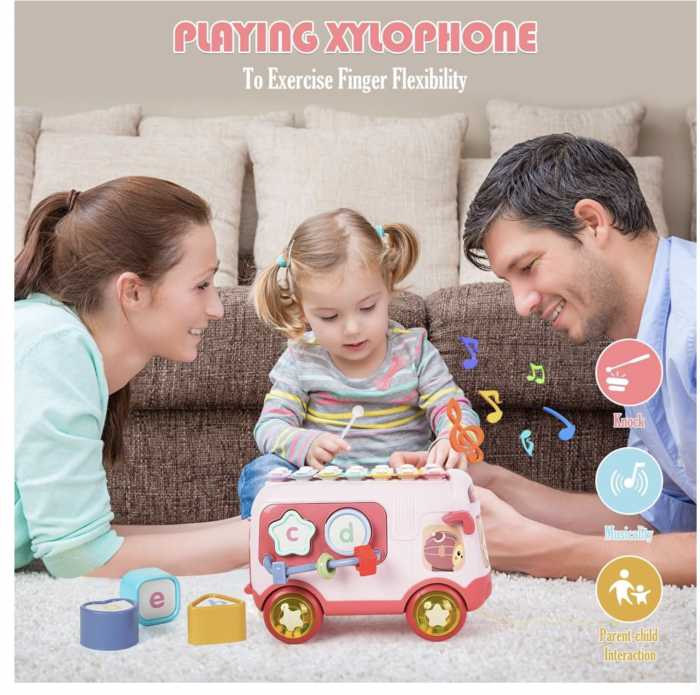 Autobuz interactiv cu xilofon, sortator si jucarii detasabile, roz [5]