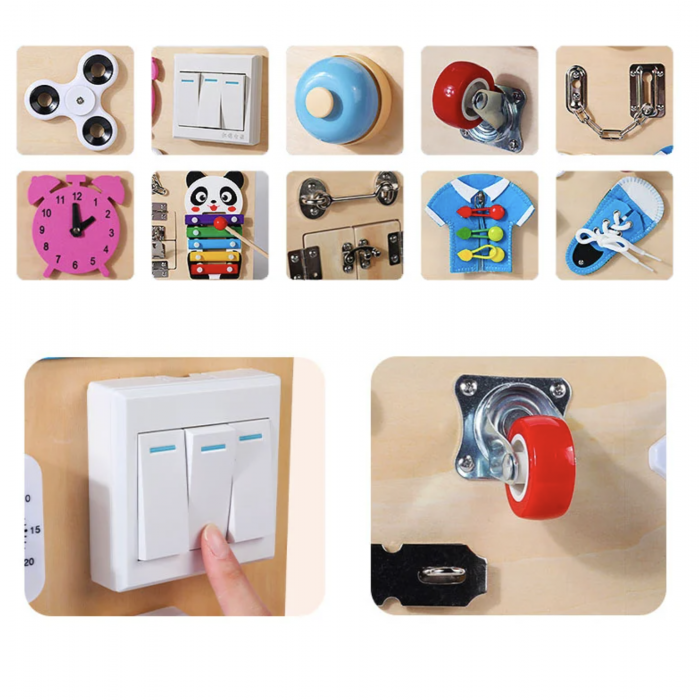 Joc Montessori Placa Busy Board cu 11 Activități, Panda, din lemn [4]