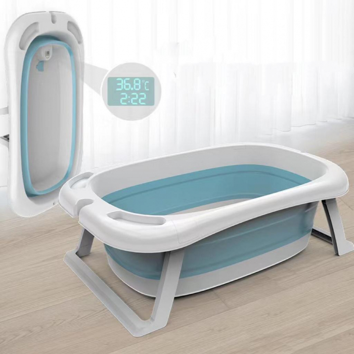 Cadita pliabila cu suport buretat si termometru, pentru bebelusi, bleu [3]