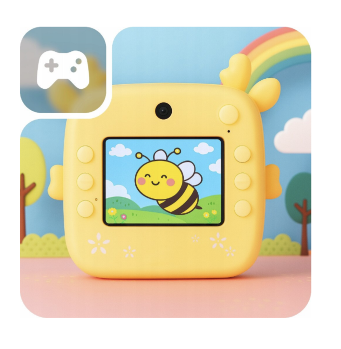 Camera foto copii cu imprimare instant, HD, video, jocuri, USB-C, 3 role, galben [8]