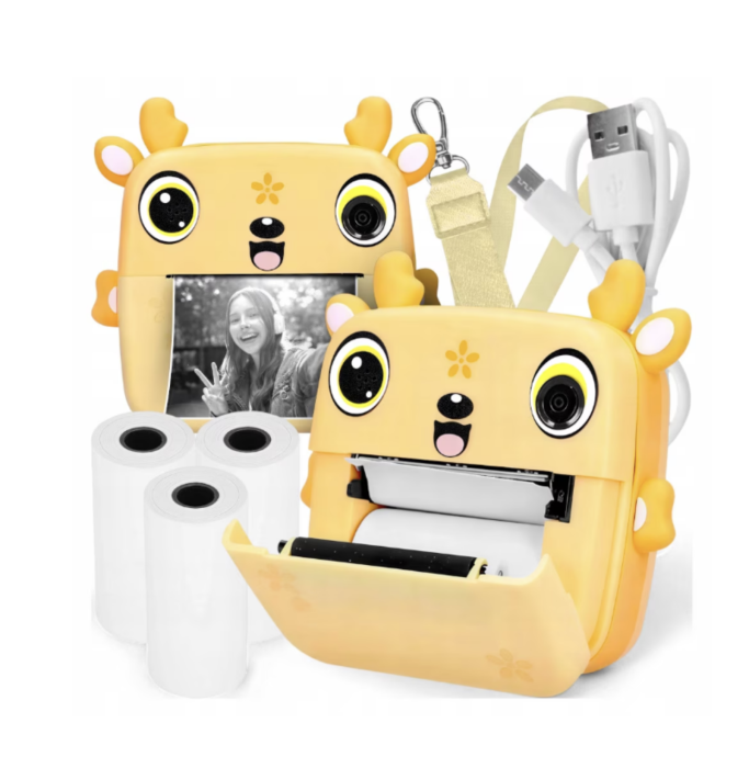 Camera foto copii cu imprimare instant, HD, video, jocuri, USB-C, 3 role, galben [4]