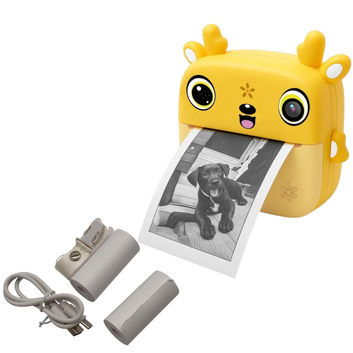 Camera foto copii cu imprimare instant, HD, video, jocuri, USB-C, 3 role, galben [2]