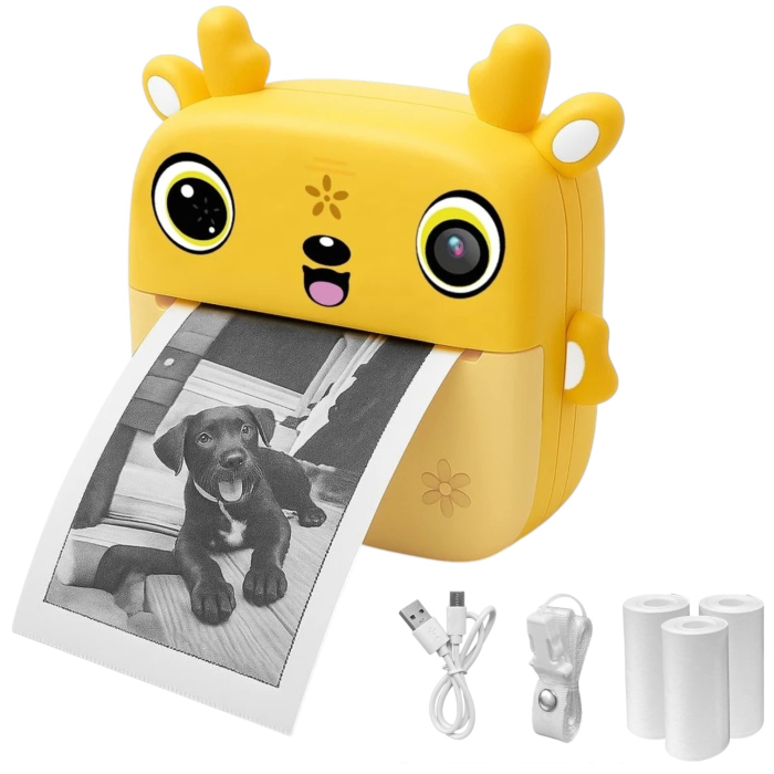 Camera foto copii cu imprimare instant, HD, video, jocuri, USB-C, 3 role, galben [3]