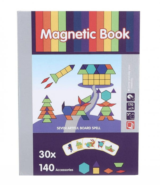 Carte cu 30 Puzzle Magnetic Tangram, 140 piese