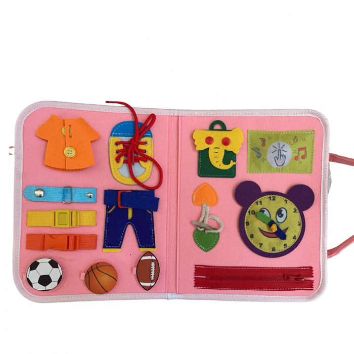 Carte senzoriala tip geanta, cu 16 activitati, 45x28 cm, din fetru, roz [2]
