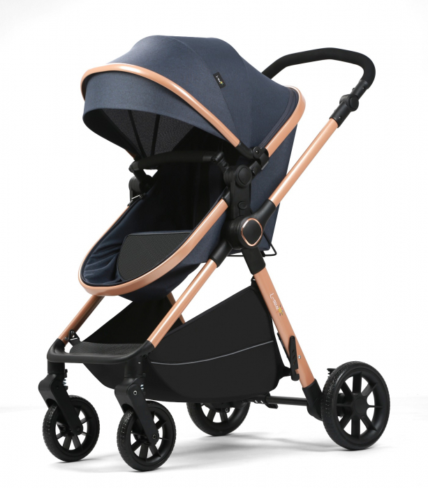 Carucior 2 in 1, F7 Albastru, reversibil, pliabil compact, suspensii duble [5]