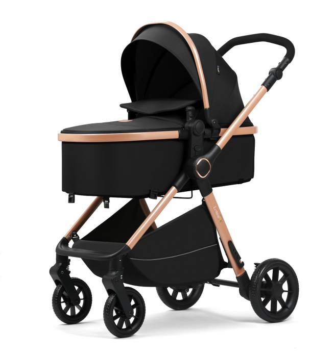 Carucior 2 in 1, F7 Negru, reversibil, pliabil compact, suspensii duble [5]