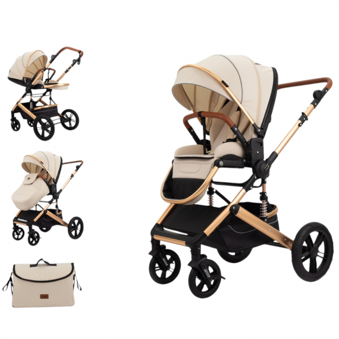 Carucior 2 in 1 Premium Gold Q2, Crem, transformabil, reversibil, cu husa si geanta [2]