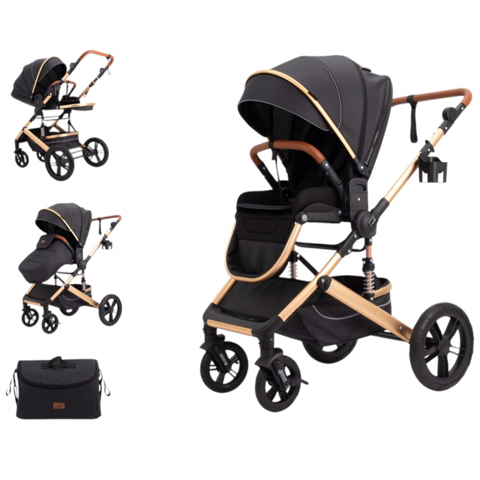 Carucior 2 in 1 Premium Gold Q2, Negru, transformabil, reversibil, cu husa si geanta [2]