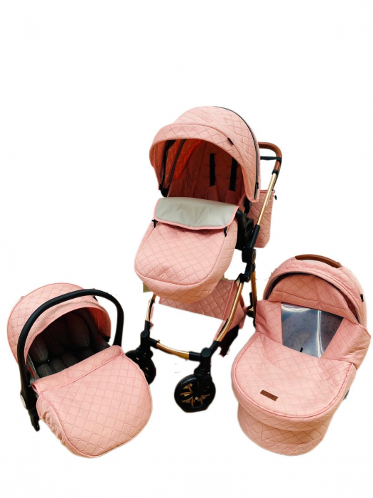 Carucior 3 in 1, 3 piese landou, sport si scoica, T6 - roz [2]
