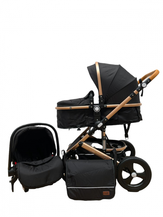 Carucior 3 in 1, cu suspensii, reversibil, cu scoica, t5 - negru