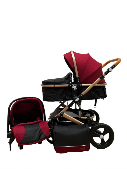 Carucior 3 in 1, cu suspensii, reversibil, cu scoica, t5 - rosu cu negru