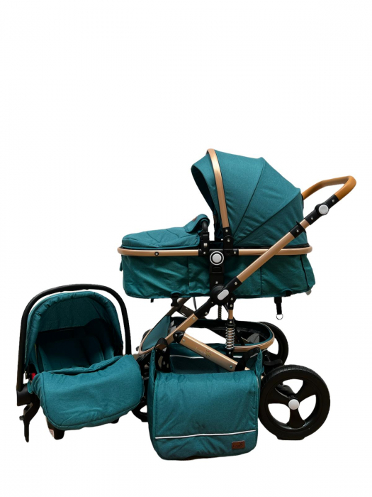 Carucior 3 in 1, cu suspensii, reversibil, cu scoica, T5 - verde