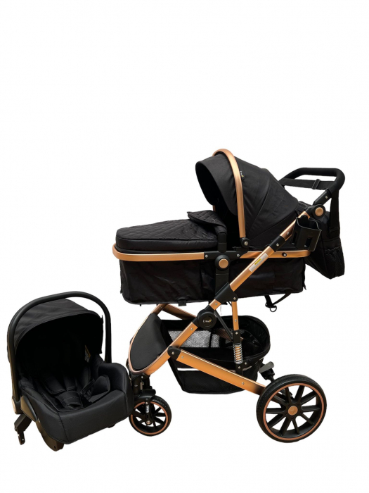 Carucior T4, 3 in 1, cu suspensii, transformabil landou-sport, Negru [7]