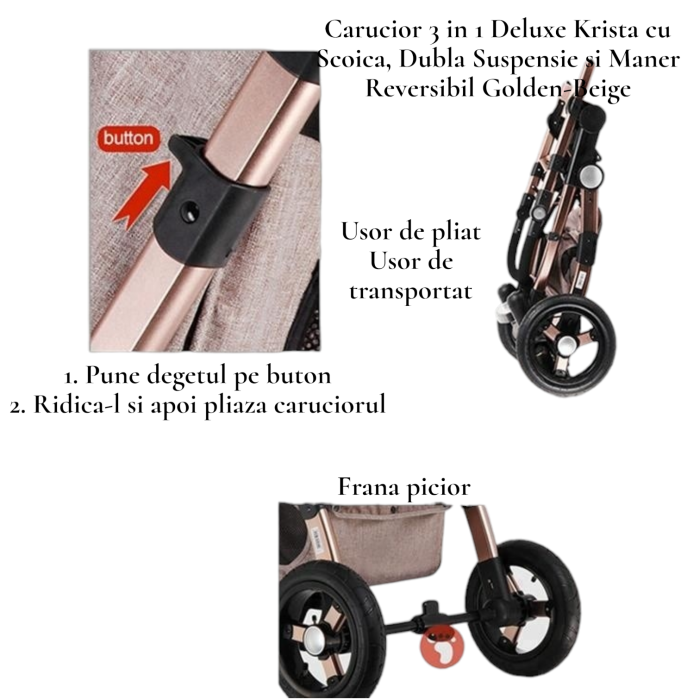 Carucior 3 in 1 Deluxe cu Scoica, Dubla Suspensie si Maner Reversibil Golden Crem [5]