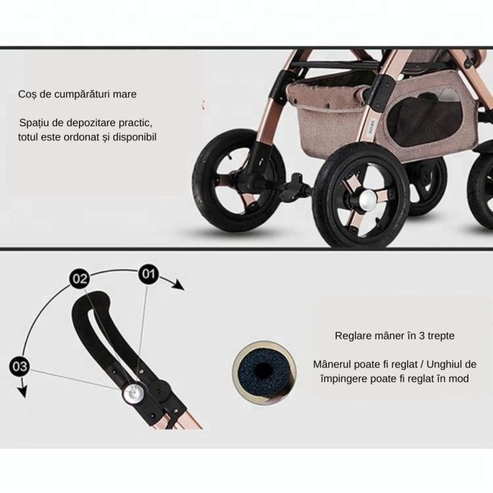 Carucior 3 in 1 Deluxe cu Scoica, Dubla Suspensie si Maner Reversibil Golden Mov [7]