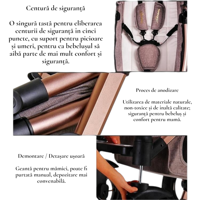 Carucior 3 in 1 Deluxe cu Scoica, Dubla Suspensie si Maner Reversibil Golden Gri [4]