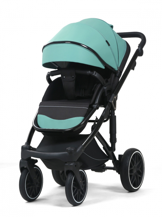 Carucior 3 in 1, G8 Luxury Verde, reversibil, cu suspensii, din piele ECO [4]