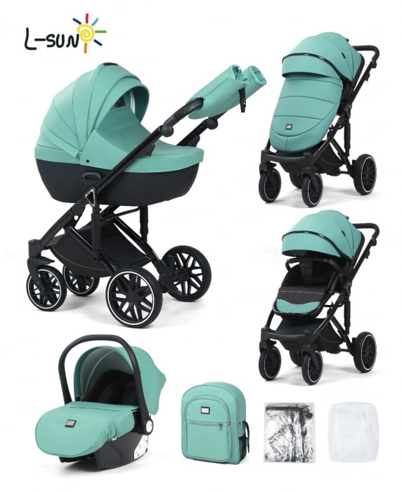 Carucior 3 in 1, G8 Luxury Verde, reversibil, cu suspensii, din piele ECO