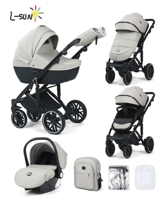 Carucior 3 in 1, G8 Luxury Gri, reversibil, cu suspensii, din piele ECO