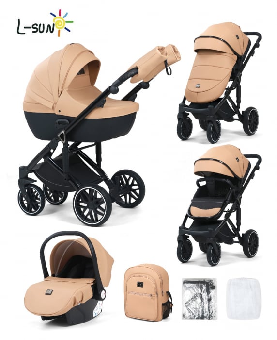 Carucior 3 in 1, G8 Luxury Crem, reversibil, cu suspensii, din piele ECO