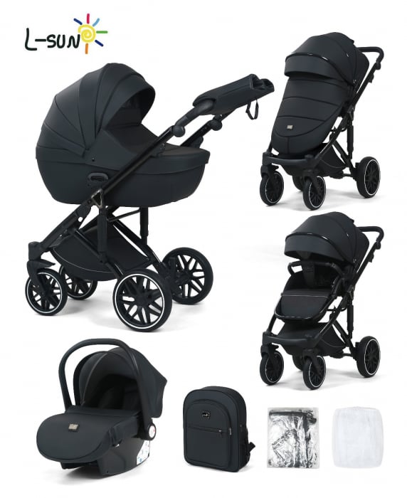 Carucior 3 in 1, G8 Luxury Negru, reversibil, cu suspensii, din piele ECO