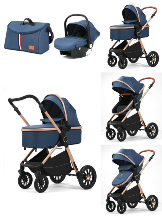 Carucior 3 in 1 reversibil, cu suspensii, cu scoica, parte sport transformabila in landou, T5 albastru [8]