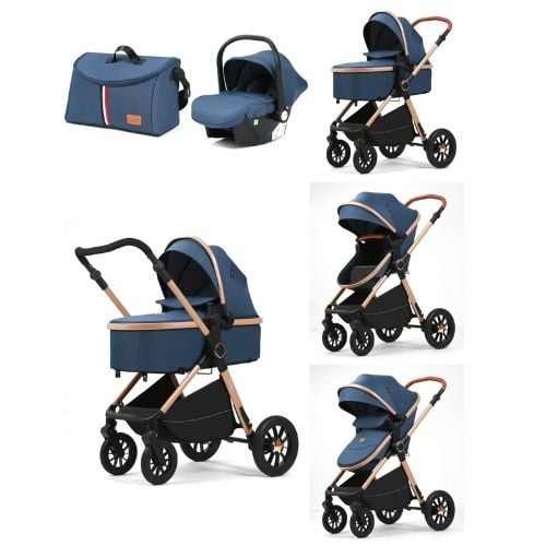Carucior 3 in 1 reversibil, cu suspensii, cu scoica, parte sport transformabila in landou, T5 albastru