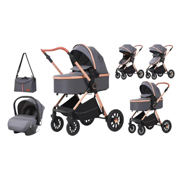 Carucior 3 in 1 reversibil, cu suspensii, cu scoica, parte sport transformabila in landou, T5 gri [2]