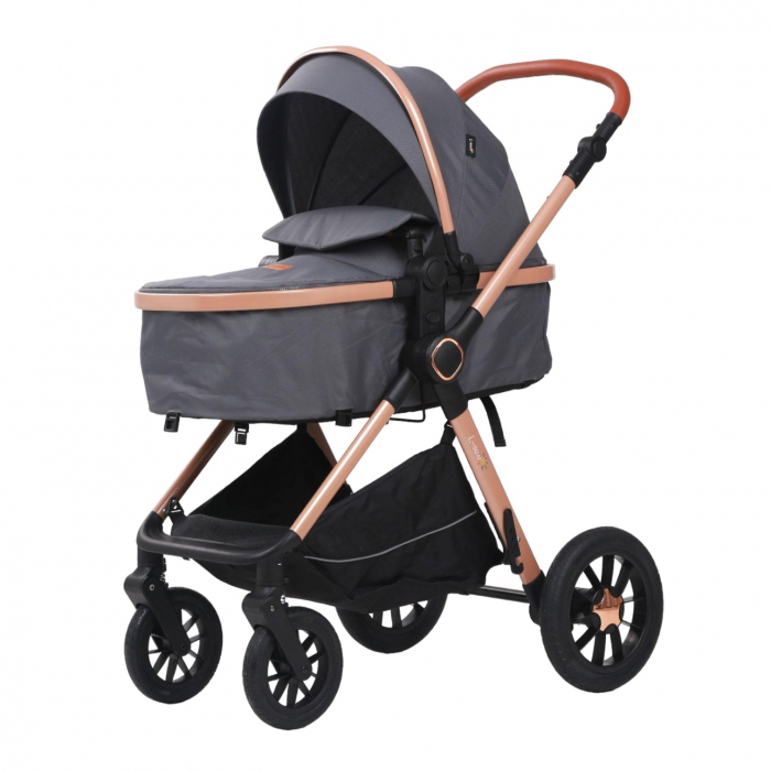 Carucior 3 in 1 reversibil, cu suspensii, cu scoica, parte sport transformabila in landou, T5 gri [8]