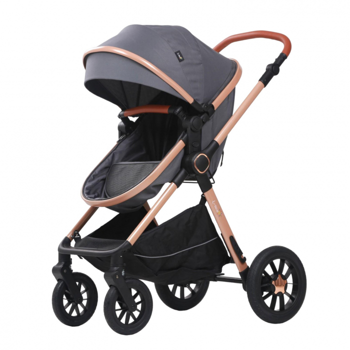 Carucior 3 in 1 reversibil, cu suspensii, cu scoica, parte sport transformabila in landou, T5 gri [3]