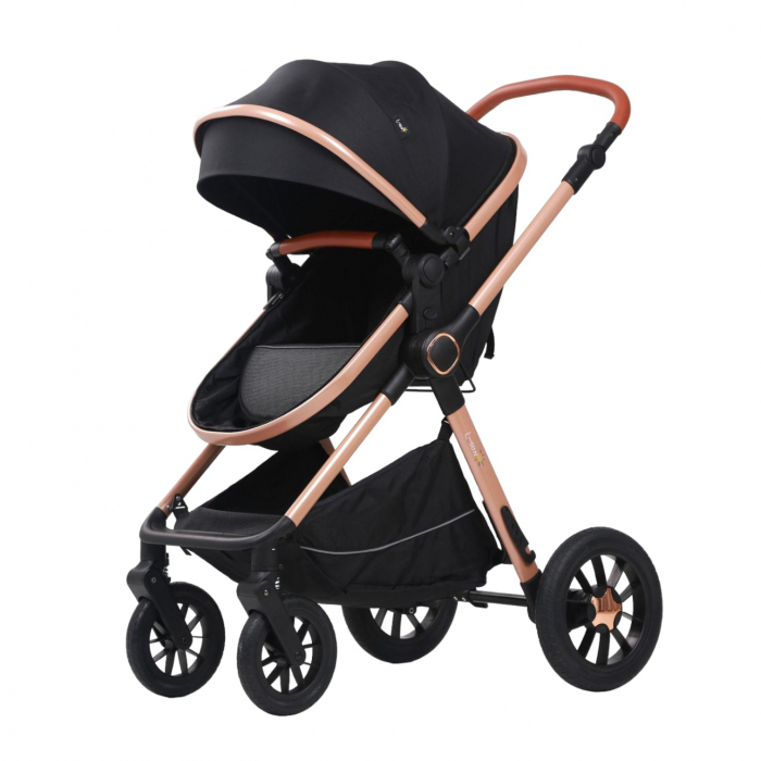 Carucior 3 in 1 reversibil, cu suspensii, cu scoica, parte sport transformabila in landou, T5 negru [3]