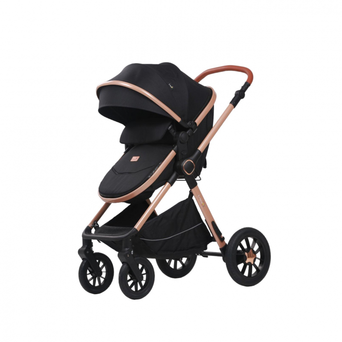 Carucior 3 in 1 reversibil, cu suspensii, cu scoica, parte sport transformabila in landou, T5 negru [5]
