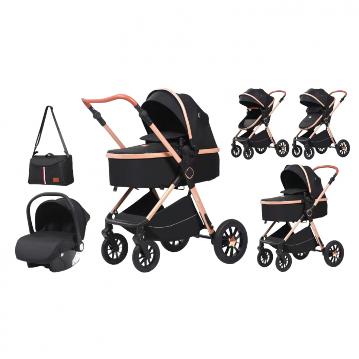 Carucior 3 in 1 reversibil, cu suspensii, cu scoica, parte sport transformabila in landou, T5 negru [2]