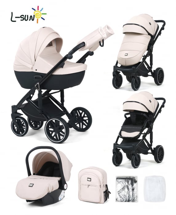 Carucior 3 in 1, G8 Luxury Alb, reversibil, cu suspensii, din piele ECO