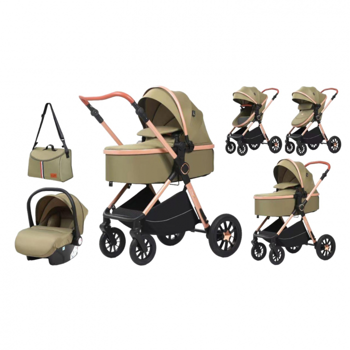 Carucior 3 in 1 reversibil, cu suspensii, cu scoica, parte sport transformabila in landou, T5 verde [2]