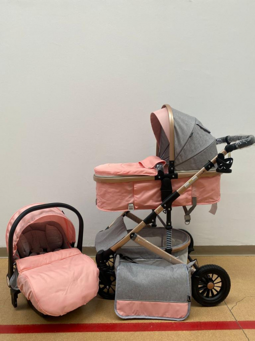 Carucior 3 in 1, reversibil, cu suspensii, reversibil, compact, T2 New, roz cu gri [9]