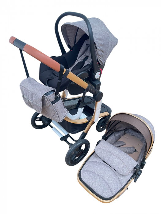 Carucior 3 in 1cu maner reversibil, transformabil landou-sport si scoica, 517 Crem [2]