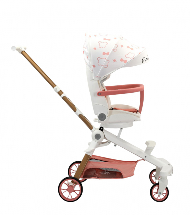 Carucior C2 Deluxe, reversibil, pliabil, cu lumini si muzica, Alb cu roz [2]