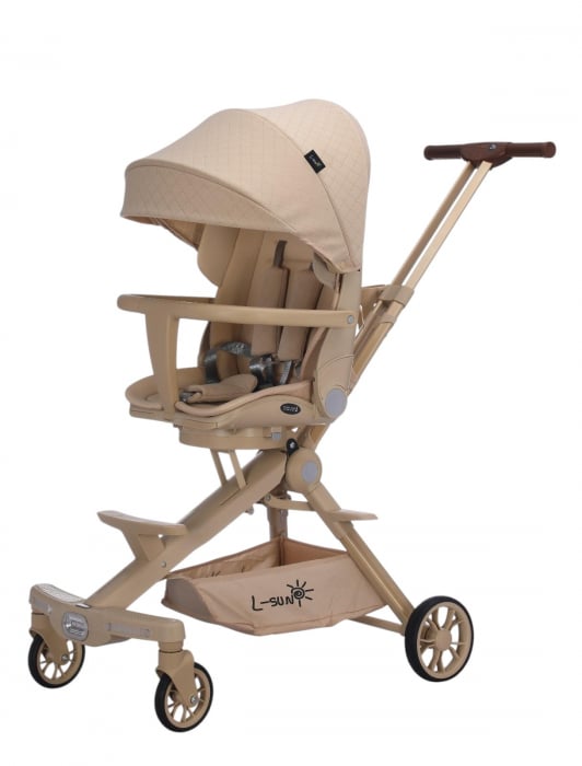 Carucior C2 Deluxe, reversibil, pliabil, cu lumini si muzica, Crem