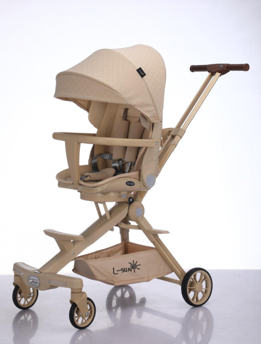 Carucior C2 Deluxe, reversibil, pliabil, cu lumini si muzica, Crem [7]