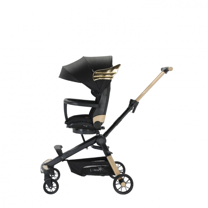 Carucior C2 Deluxe, reversibil, pliabil, cu lumini si muzica, Negru cu flori [3]