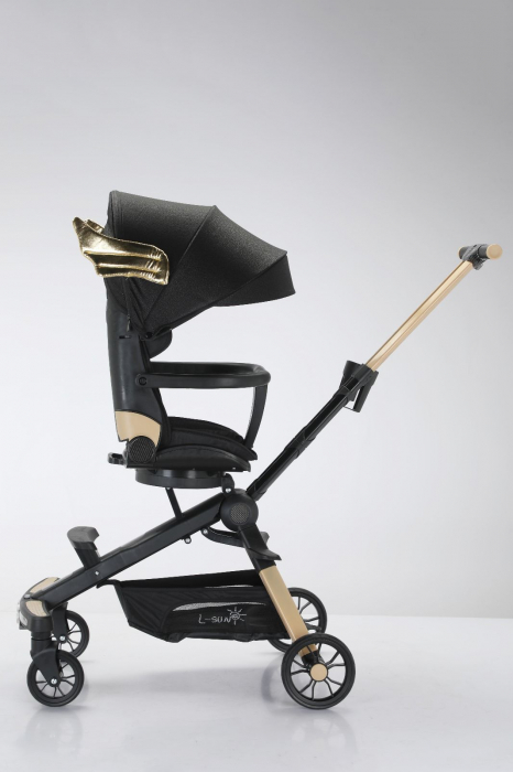 Carucior C2 Deluxe, reversibil, pliabil, cu lumini si muzica, Negru cu flori [17]