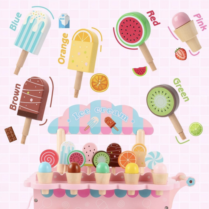 Carucior din lemn Gelaterie Ice Cream Cart cu accesorii magnetice si copertina, roz, +3 ani [4]