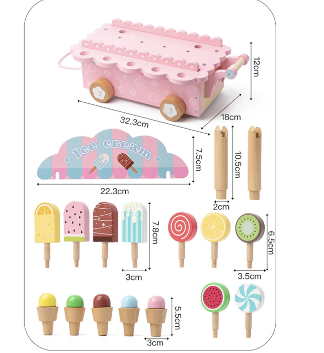 Carucior din lemn Gelaterie Ice Cream Cart cu accesorii magnetice si copertina, roz, +3 ani [6]
