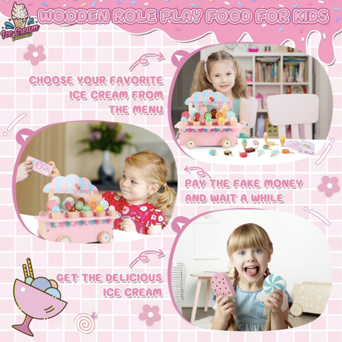 Carucior din lemn Gelaterie Ice Cream Cart cu accesorii magnetice si copertina, roz, +3 ani [5]