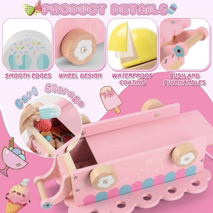 Carucior din lemn Gelaterie Ice Cream Cart cu accesorii magnetice si copertina, roz, +3 ani [3]